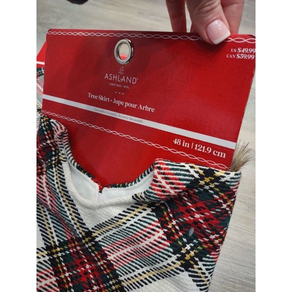 CHRISTMAS TREE Fabric Check SKIRT PLAID Faux Fur Trim Lined Ashland 48" New $50 - Picture 3 of 5